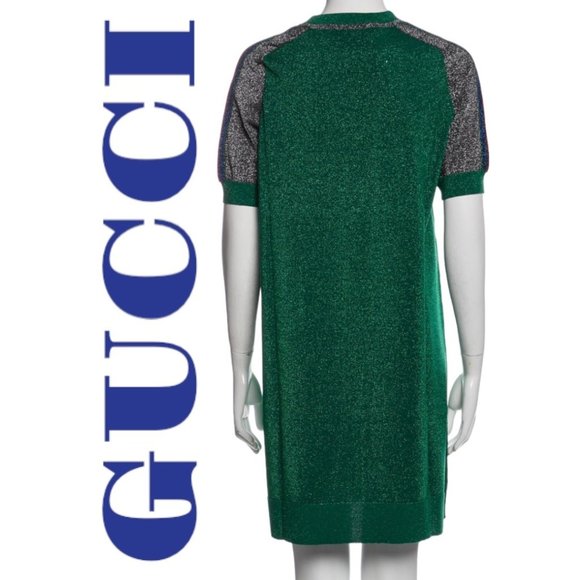 NWT GUCCI Metallic Green Short Sleeve Crew Neck Mini T-Shirt Dress, Size Small - Picture 10 of 13
